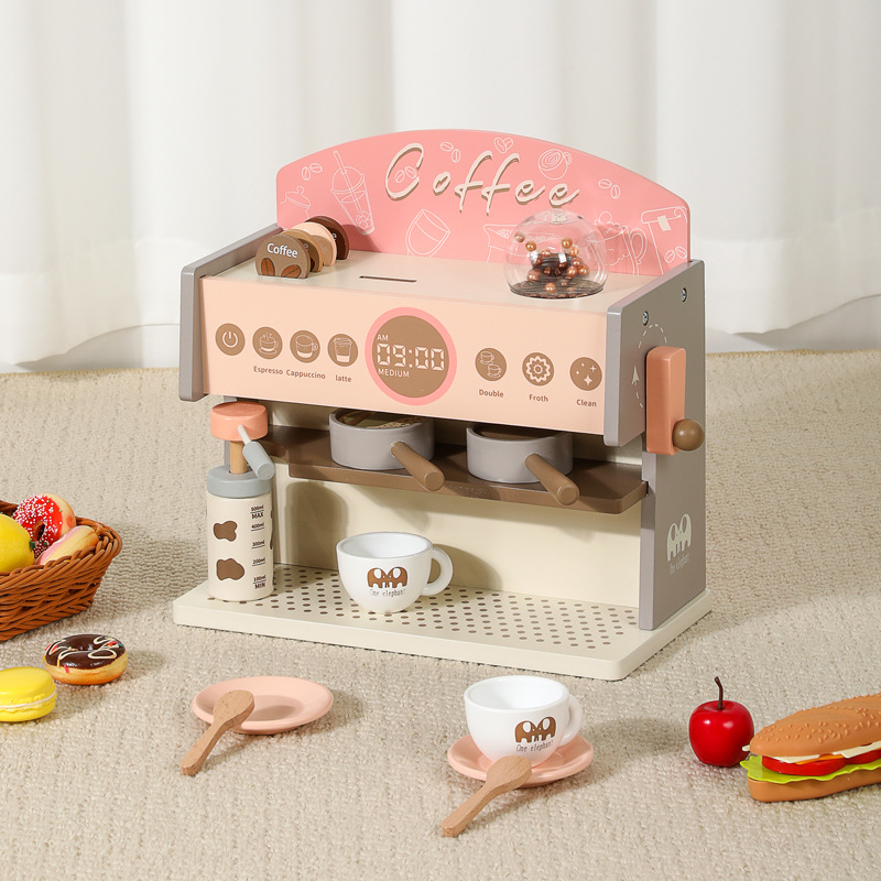 宝宝木制仿真模拟咖啡机奶茶制作过家家厨房餐具糕点亲子互动玩具