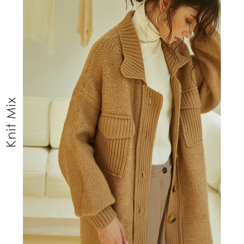 Knit Mix中长款毛衣外套女2022年秋冬新款复古慵懒风宽松针织大衣