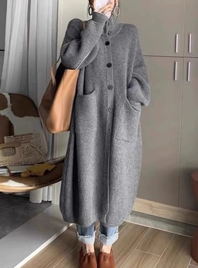韩系慵懒风高领毛衣女单排扣纯色长袖针织开衫中长款外套女秋冬季