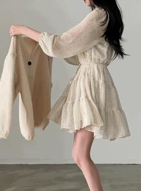 夏季连衣裙显瘦设计韩国气质宽松系带收腰超仙圆领长袖雪纺碎花
