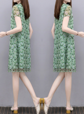 2024夏季新款清新绿色印花裙中长款宽松显瘦雪纺网纱减龄连衣裙女