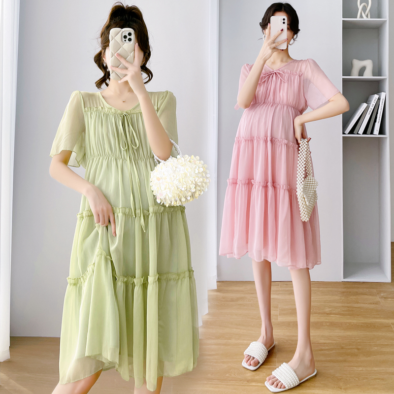 孕妇装夏装粉色洋气减龄轻薄雪纺裙宽松显瘦潮妈裙夏季孕妇连衣裙