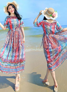 波西米亚新款大码大摆夏雪纺显瘦海边度假沙滩裙连衣裙宽松长裙