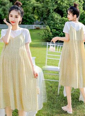 孕妇夏装连衣裙2023新款韩版高级感假两件吊带裙宽松中长款雪纺裙