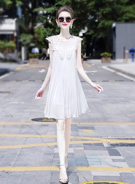 a字裙2024年夏季新款气质裙子宽松遮肚显瘦百褶白色雪纺连衣裙女