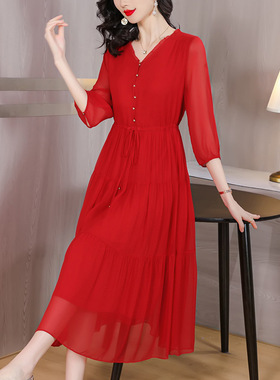 年新款桑真蚕丝连衣裙女红夏季仙女气质宽松显瘦色丝雪纺裙
