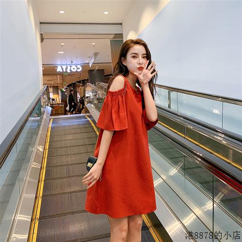 香港露肩连衣裙女2024年夏季新款宽松红色雪纺小清新日系仙女裙
