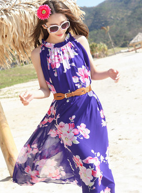 波西米亚宽松连衣裙时尚印花薄款夏季雪纺长裙显瘦海边度假沙滩裙