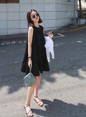 孕妇装夏季无袖连衣裙黑色韩版宽松遮肚孕妇雪纺薄款连衣裙小个子