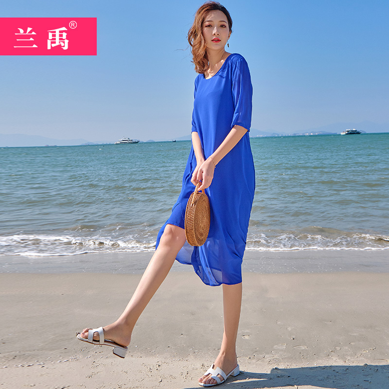 裙子女2024新款夏季蓝色雪纺连衣裙海边度假宽松气质沙滩长裙超仙