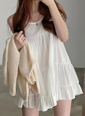 韩国chic夏季小众减龄圆领宽松荷叶边无袖雪纺背心娃娃连衣裙短裙