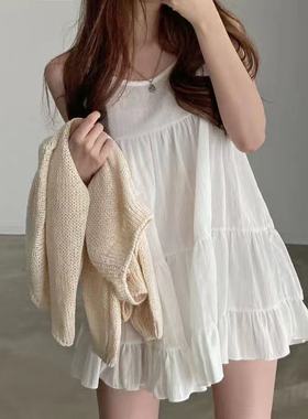 韩国chic夏季复古法式小众气质减龄吊带裙雪纺连衣裙女宽松娃娃裙