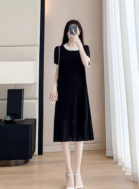 黑色宽松雪纺短袖连衣裙女2024夏季新款韩版时尚气质显瘦休闲裙子
