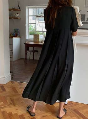 韩版复古短袖雪纺连衣裙女2021夏季新款宽松气质显瘦垂坠百褶长裙