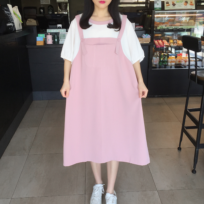 2024夏季韩版大码女装宽松中长款拼接假两件背带裙短袖雪纺连衣裙