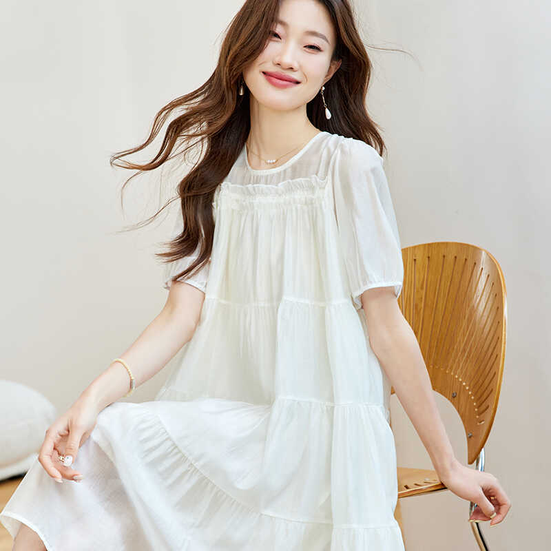 白色雪纺短袖连衣裙女夏季2024新款宽松遮肚子高端气质长裙子显瘦