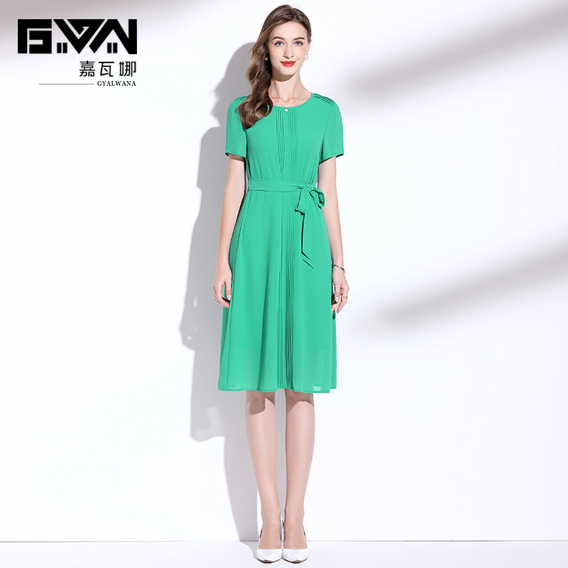 高端短袖雪纺连衣裙2024夏季新款绿色宽松系带减龄气质裙子女夏