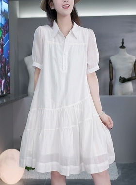 小香风雪纺连衣裙女夏季新款高端气质宽松遮肚子显瘦法式白色裙子