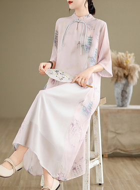 新中式国风女装夏改良旗袍气质高端遮肚子显瘦宽松遮肉雪纺连衣裙