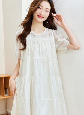 白色雪纺短袖连衣裙女夏季2024新款宽松遮肚子高端气质长裙子显瘦