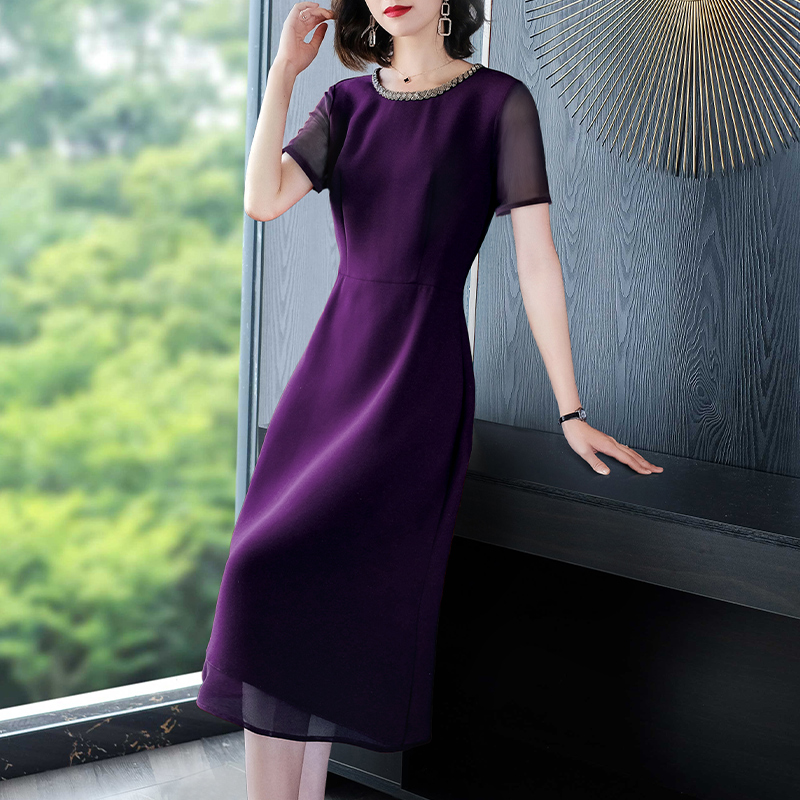 紫色连衣裙夏雪纺2024新款高端气质长款法式宽松复古圆领大牌裙子