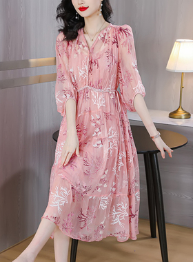中年女装印花雪纺连衣裙2024夏季新款高端气质大码宽松显瘦长裙子