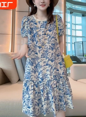 蓝色碎花雪纺连衣裙女夏季2024新款高端轻奢气质时髦洋气宽松裙子