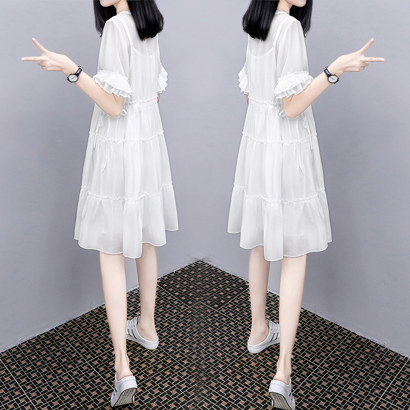 白色娃娃裙女2024夏季新款气质显瘦蕾丝大码宽松天丝雪纺连衣裙