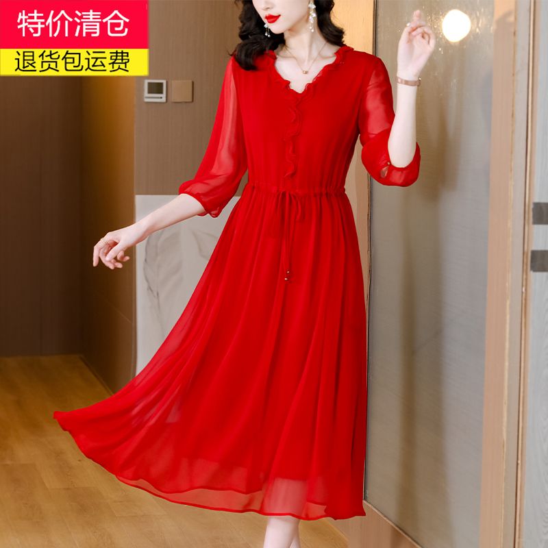 妈妈本命年雪纺裙子2024夏季新款气质大摆宽松高端红色洋气连衣裙