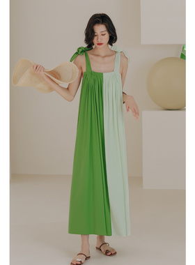弥古海边度假连衣裙三亚沙滩裙绿色吊带长裙女夏雪纺法式宽松裙子