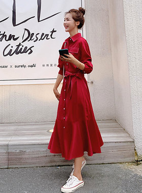 红色连衣裙女春夏法式长裙鱼尾裙收腰显瘦宽松雪纺裙子新娘衬衫裙