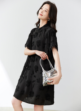 黑色新中式雪纺连衣裙女夏季2024新款欧货宽松气质显瘦短袖直筒裙