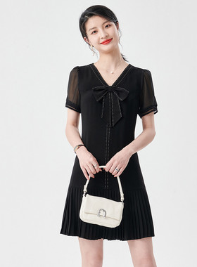 赫本风气质雪纺短袖连衣裙女夏季新款黑色v领宽松显瘦小个子款裙