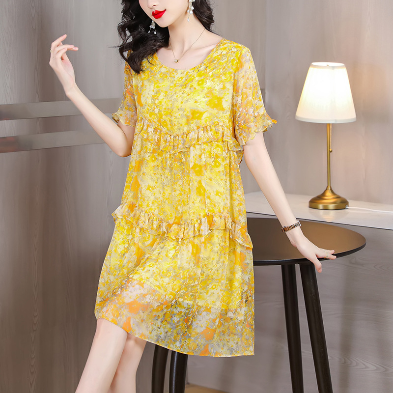 夏季新款时尚码女装宽松大黄丝色印花真雪纺短袖小个子连衣裙