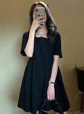 小黑裙方领a字小个子宽松显瘦显高雪纺裙子法式黑色连衣裙女夏季