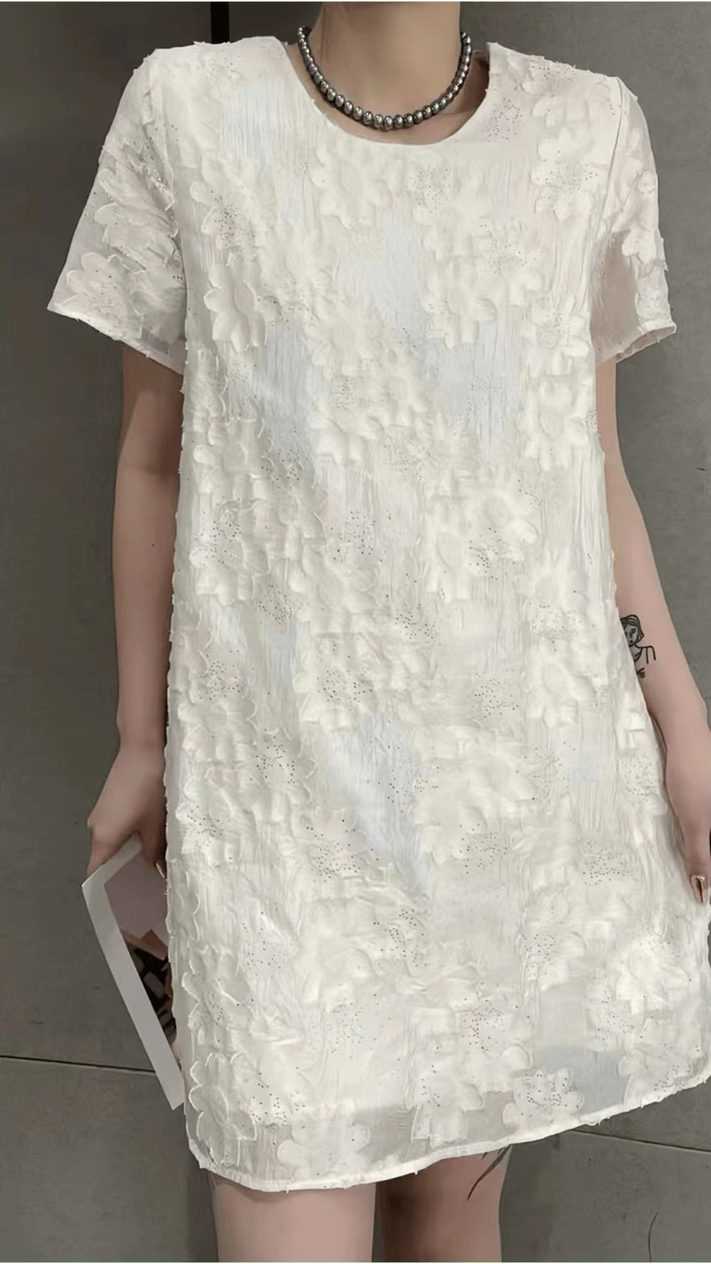 韩版立体花朵雪纺连衣裙8871设计感满星烫钻小个子女宽松2024夏季