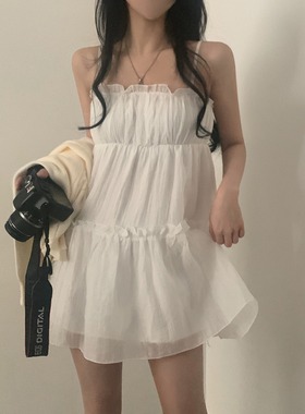 韩国chic春夏新款小个子木耳边雪纺吊带连衣裙宽松娃娃短裙蛋糕裙