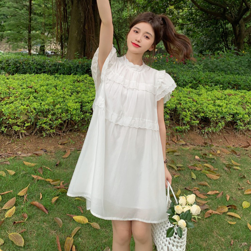 小飞袖雪纺连衣裙女装夏季宽松小个子法式白色娃娃裙子新款2023年
