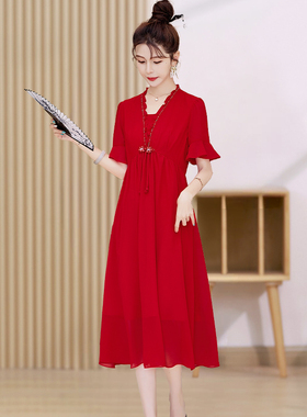 红色雪纺连衣裙女小个子夏季2024年新款宽松阔太太薄款温柔风裙子