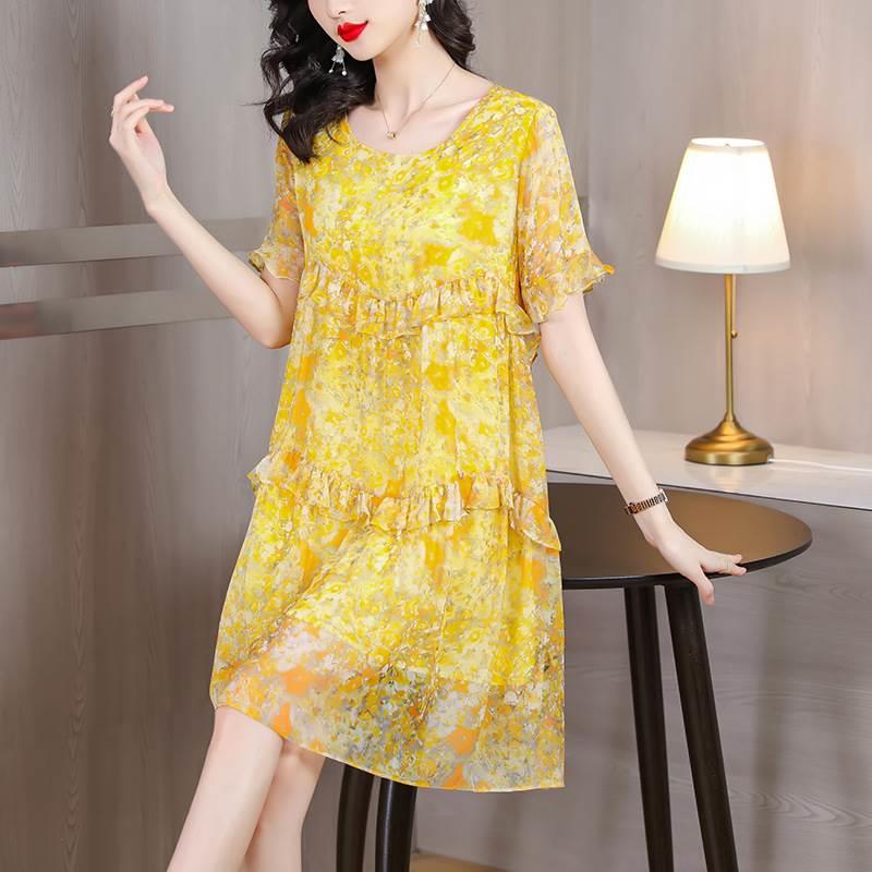 夏季新款大时尚码女装宽松黄色印花真雪纺短丝袖小个子连衣裙