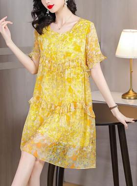夏季新款大时尚码女装宽松黄色印花真雪纺短丝袖小个子连衣裙