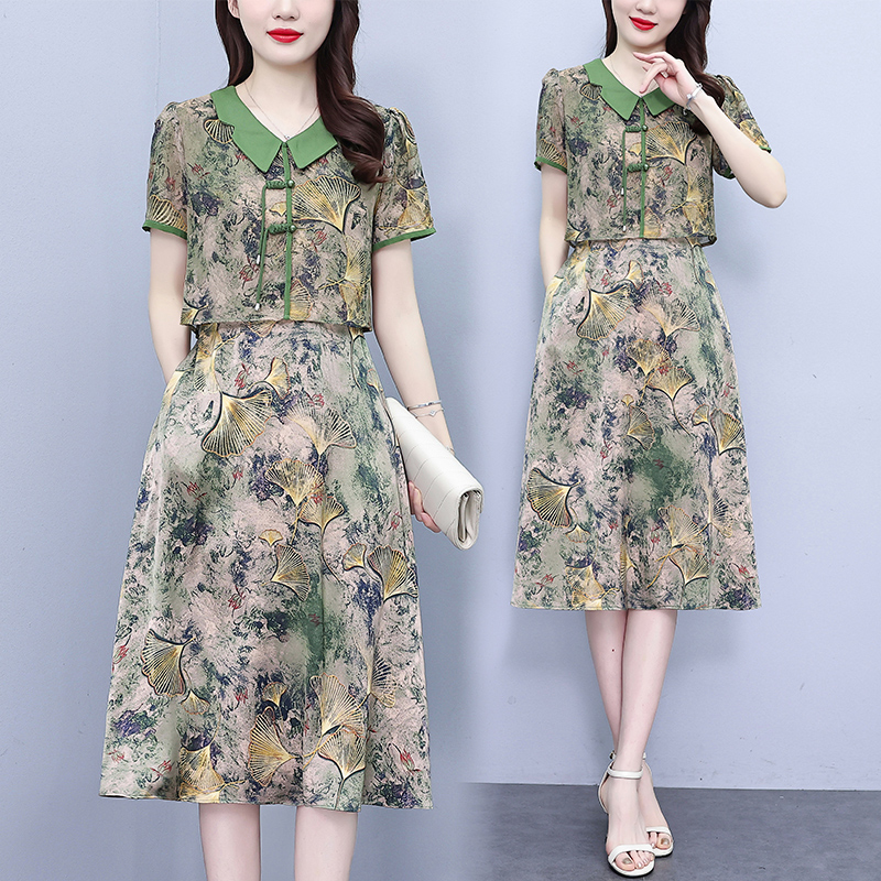 新中式国风旗袍裙子女夏装新款妈妈装遮肚显瘦假两件套雪纺连衣裙