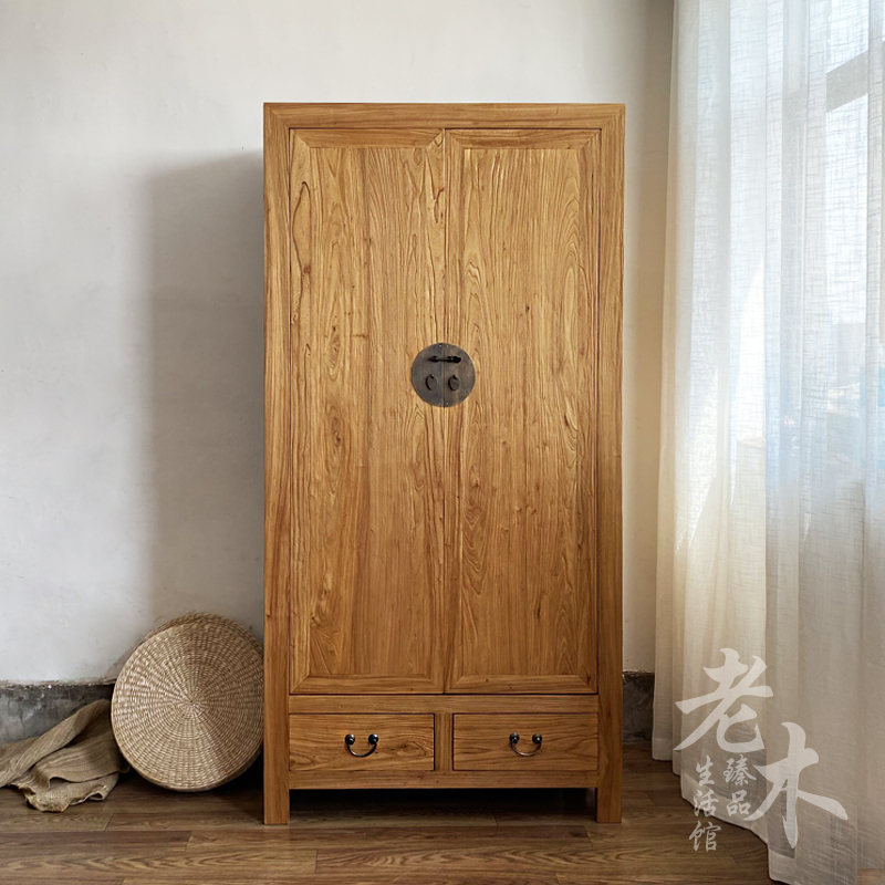 老榆木门板中式实木衣柜卧室衣橱原木免漆家具复古储物柜定制厂家