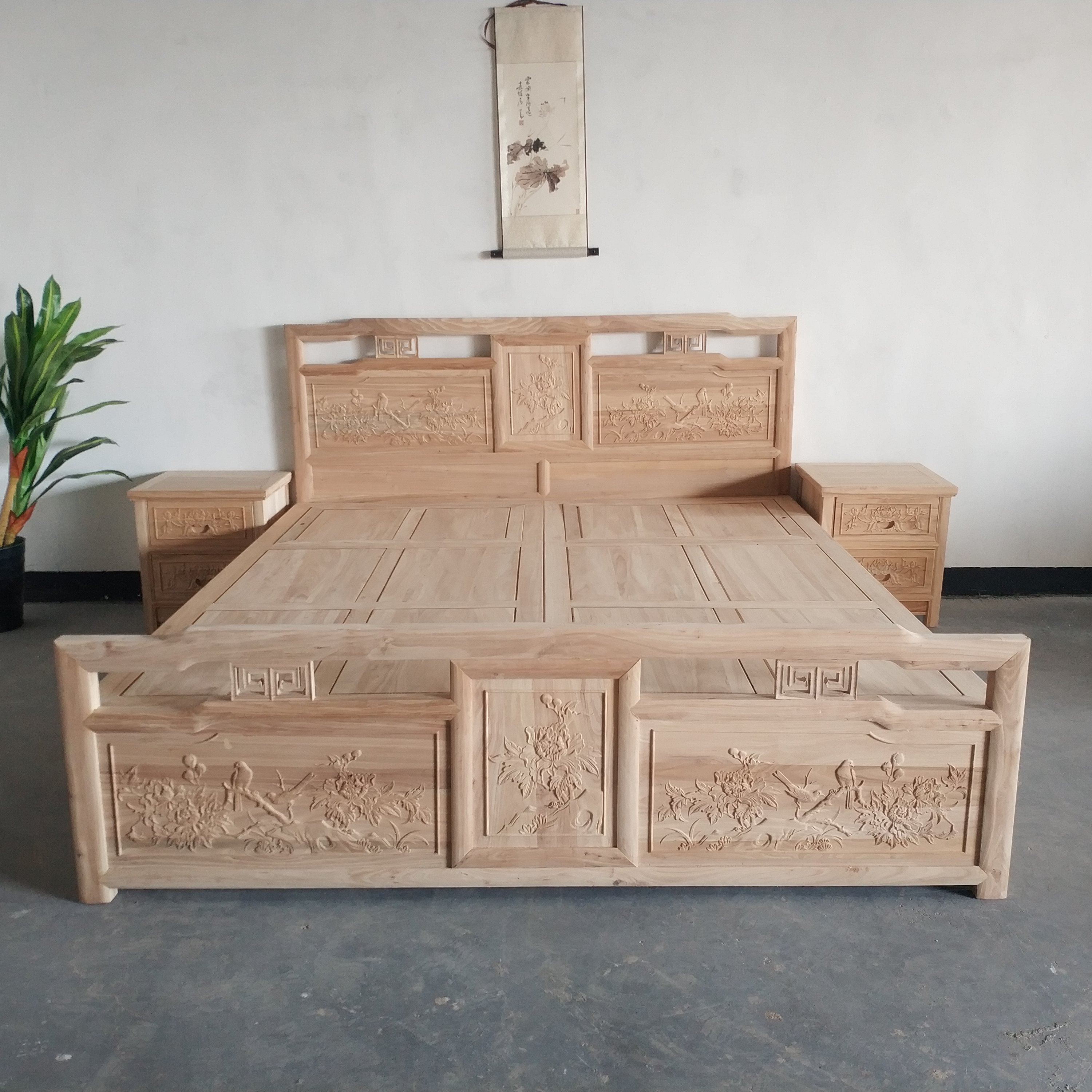 北方老榆木床全实木中式双人床床箱雕花仿古卧室家具婚床白茬白坯