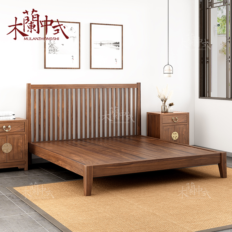 现代中式老榆木双人床实木卧室1.5大床 仿古原木色主卧单人床