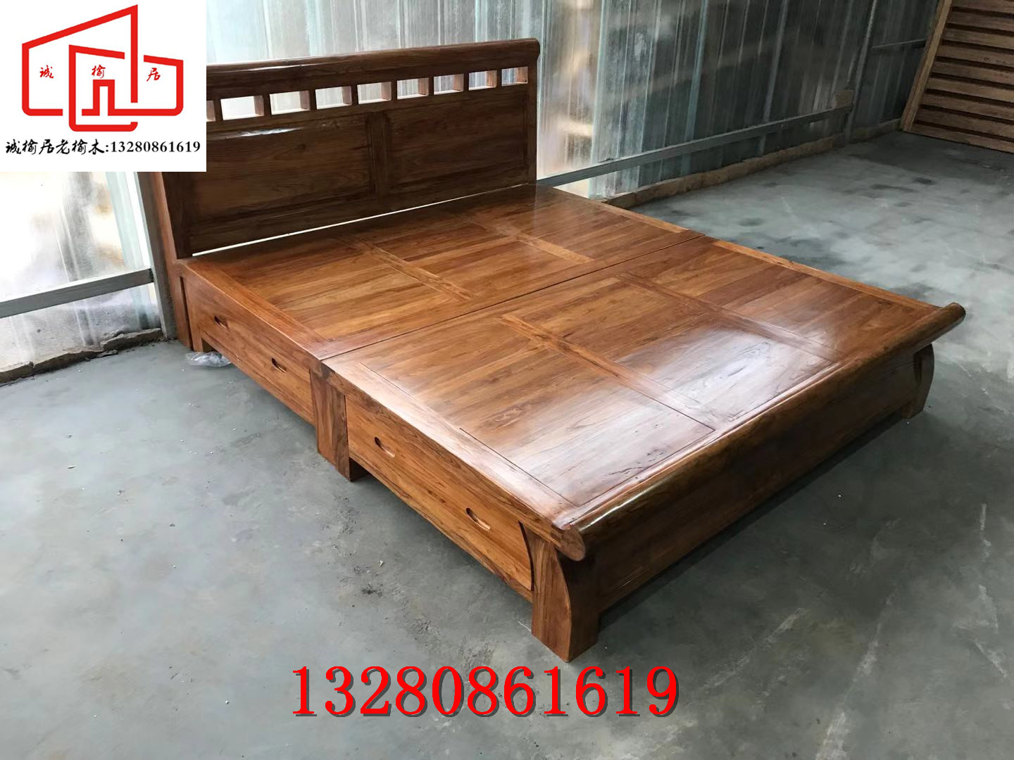 中式简约1.5米1.8米床 榆木卧室家具 老榆木全实木木质双人储物床