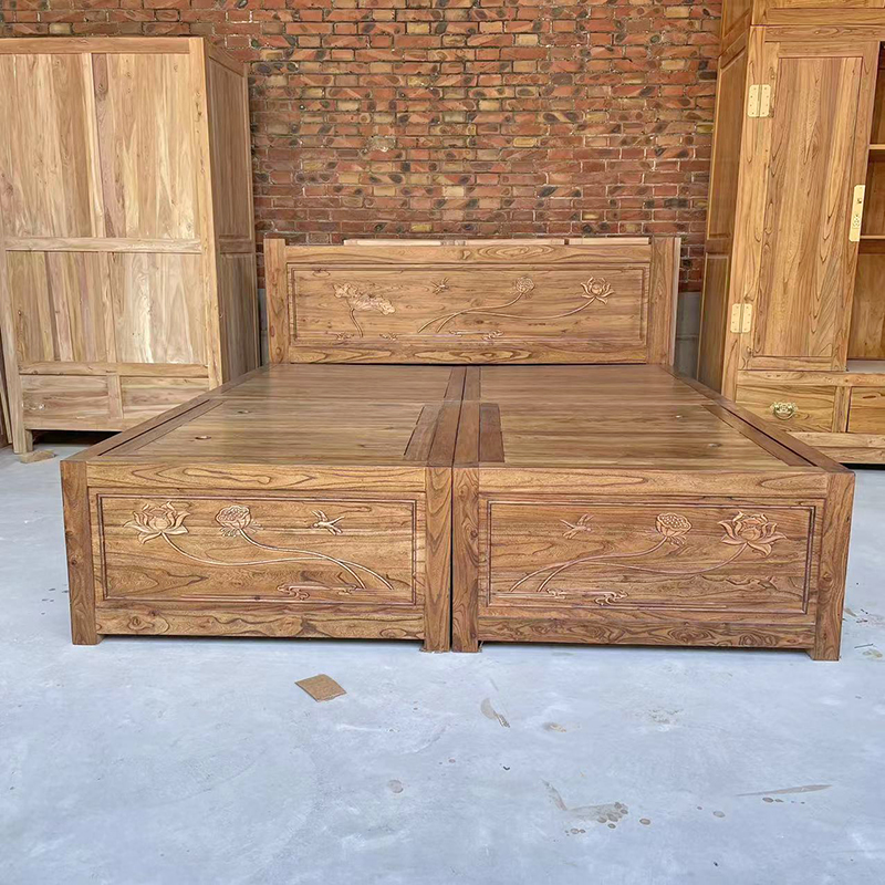 老榆木箱体床纯实木榻榻米箱体经济型储物柜双人床卧室原木高箱床