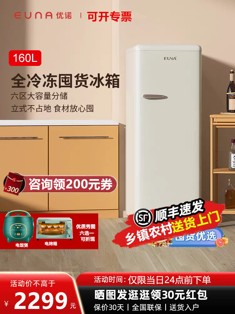 优诺 BD-160R 160升全冷冻立式冰箱囤货专属一级能效节能复古冰箱