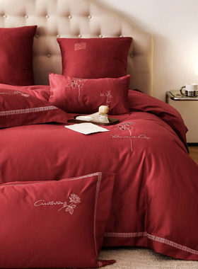 新婚房1.8m床上四件套全棉100支玫瑰花刺绣结婚红色被套床单纯棉