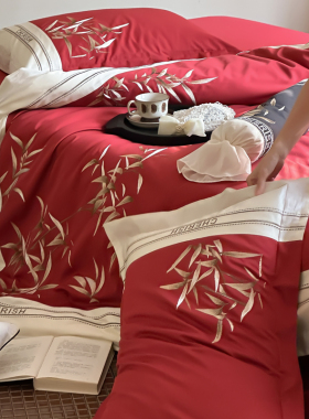 春夏新中式小众婚庆四件套全棉刺绣床上用品红色结婚床单被套纯棉